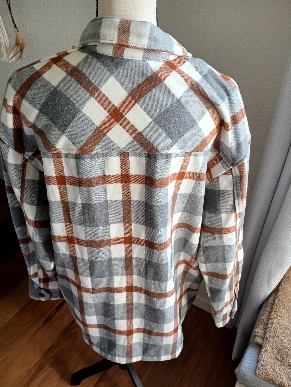 Gray & Rust Plaid Button-Up Shacket, With Pockets! - Picture 5 of 6